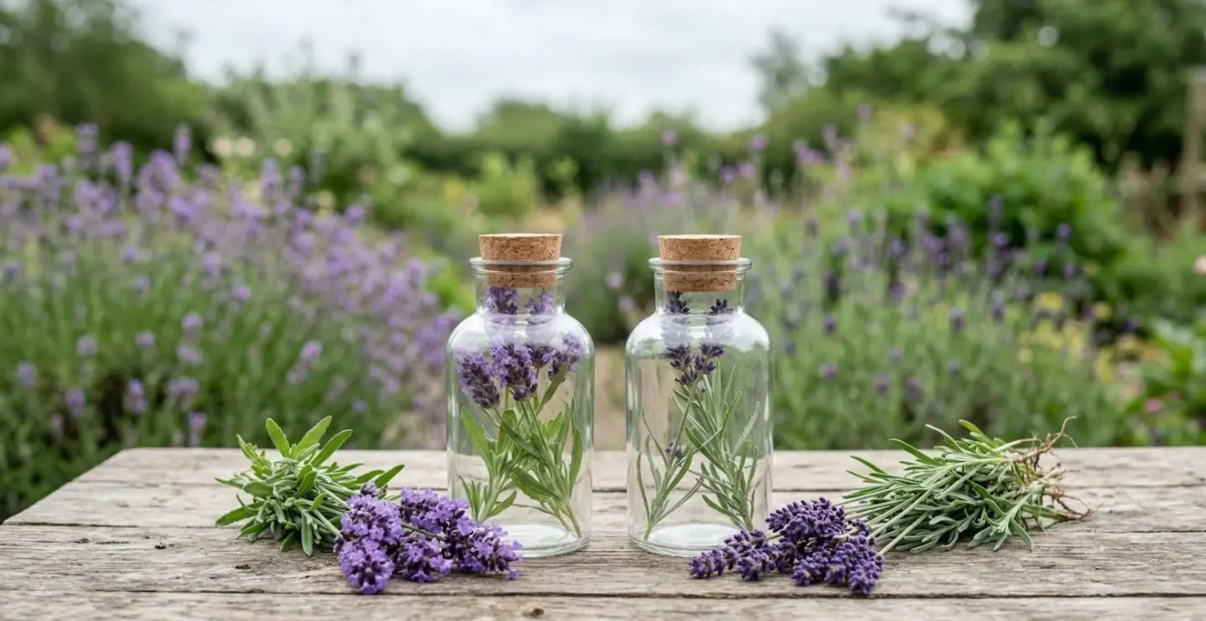 Deux flacons d'huile essentielle côte à côte avec brins de lavande sur table rustique