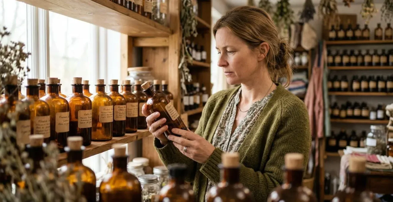 Conseillère observant des flacons d'huiles essentielles ambrés en herboristerie