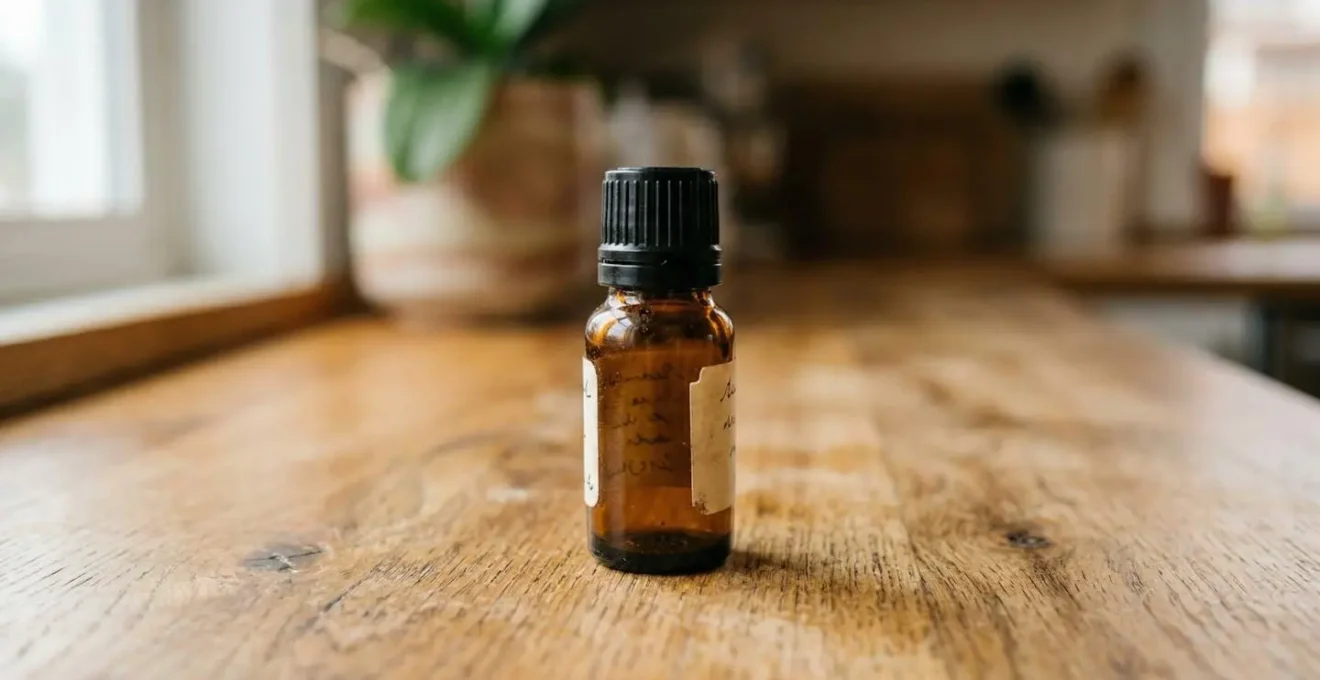 Flacon d'huile essentielle ambré avec étiquette posé sur comptoir bois