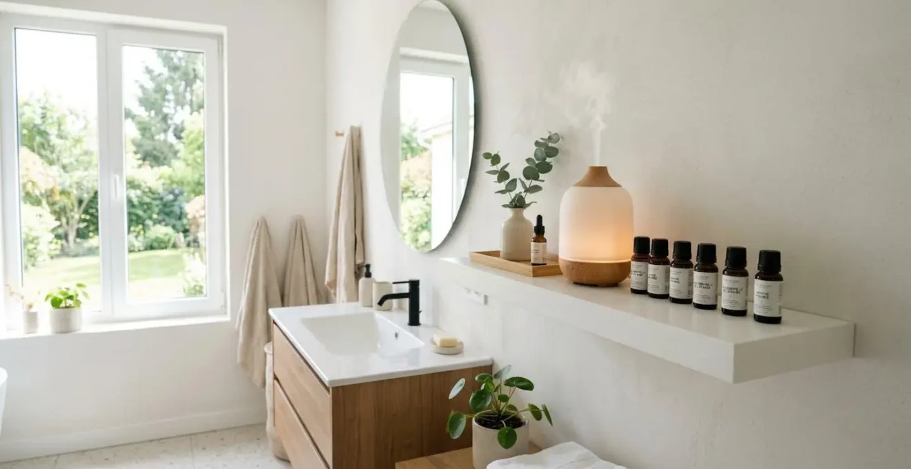 Vue d'ensemble d'une étagère de salle de bain épurée avec plusieurs flacons d'huiles essentielles rangés et un diffuseur ultrasonique dans un intérieur moderne lumineux