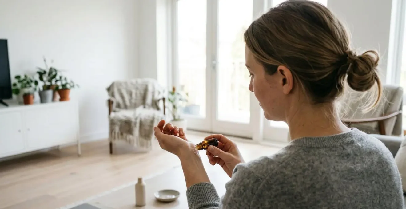 Une femme applique délicatement une huile sur son poignet dans un salon lumineux avec un flacon d'huile essentielle posé sur la table