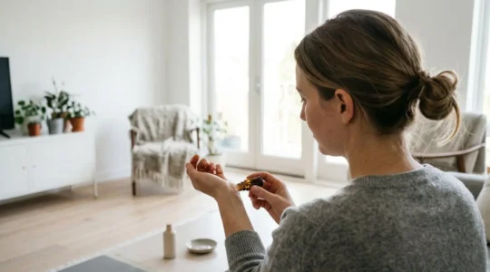 Une femme applique délicatement une huile sur son poignet dans un salon lumineux avec un flacon d'huile essentielle posé sur la table